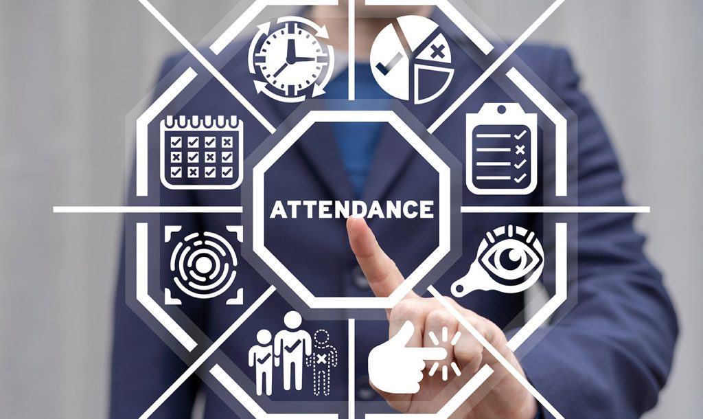Concept of Attendance Business Management. Businessman or teacher using virtual touchscreen presses attendance word.